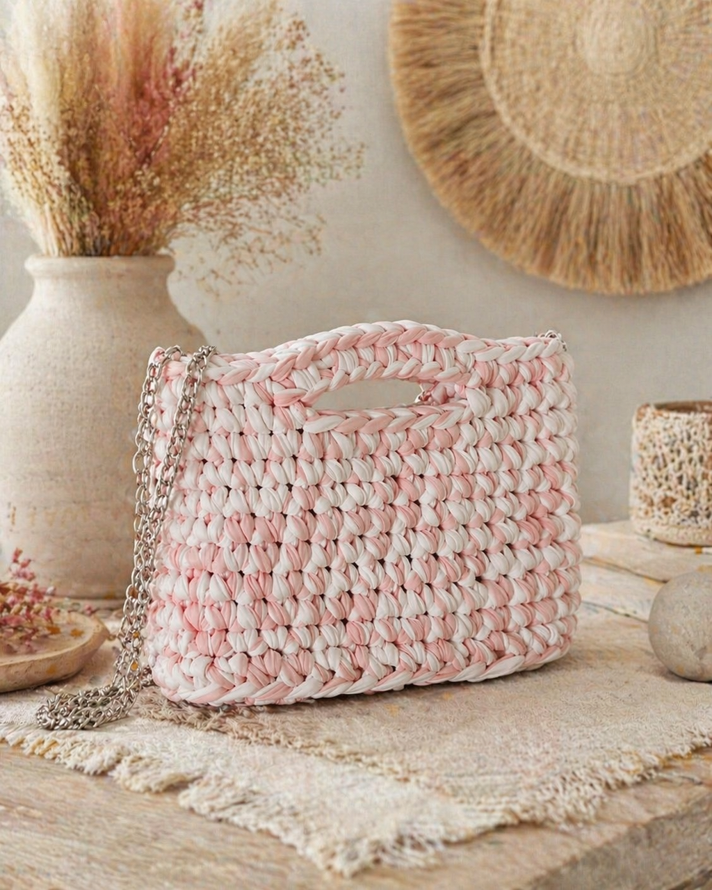 Sac Tressé Rose Poudré – Élégance Bohème & Chaîne Argentée